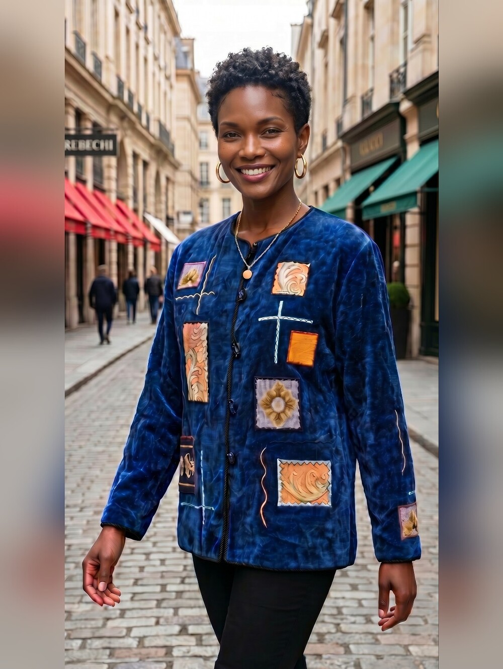 Vintage Allure Blue Velvet Patchwork Jacket Size L Boho